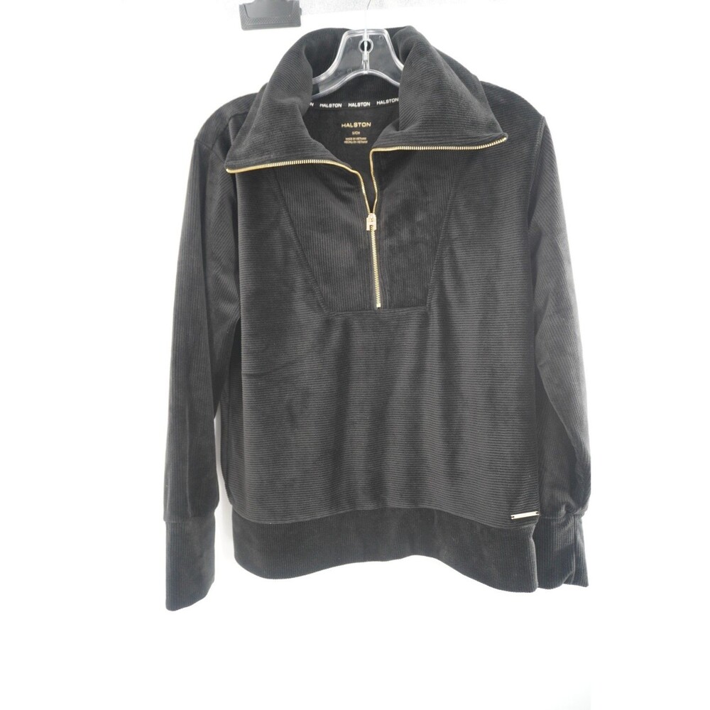 Halston Women's Size S Black Ribbed Velour Quarter-Zip Pullover W/Funnel Neck